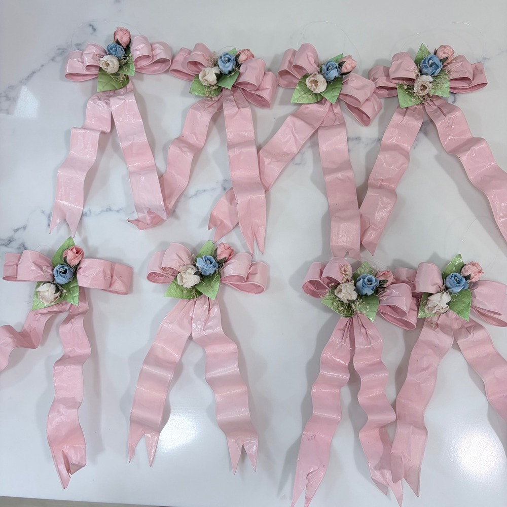 Vintage Pink Lacquer Ribbon Bow Christmas Ornaments Floral Set of 8